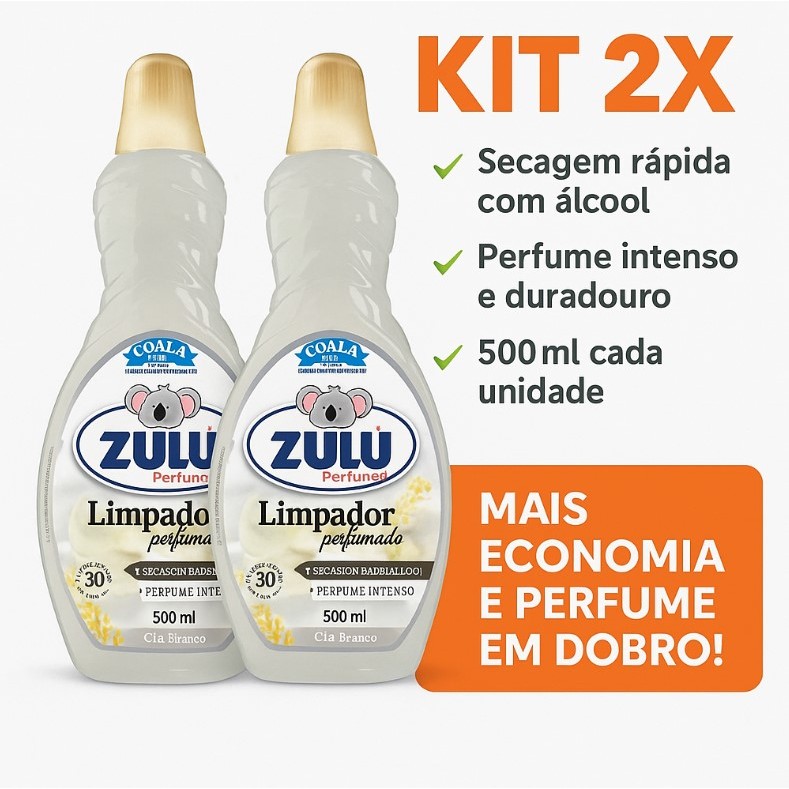 Kit 2 Limpador Perfumado Zulu 500ml Com Álcool e Óleos Essenciais Perfume Intenso Secagem Rápida