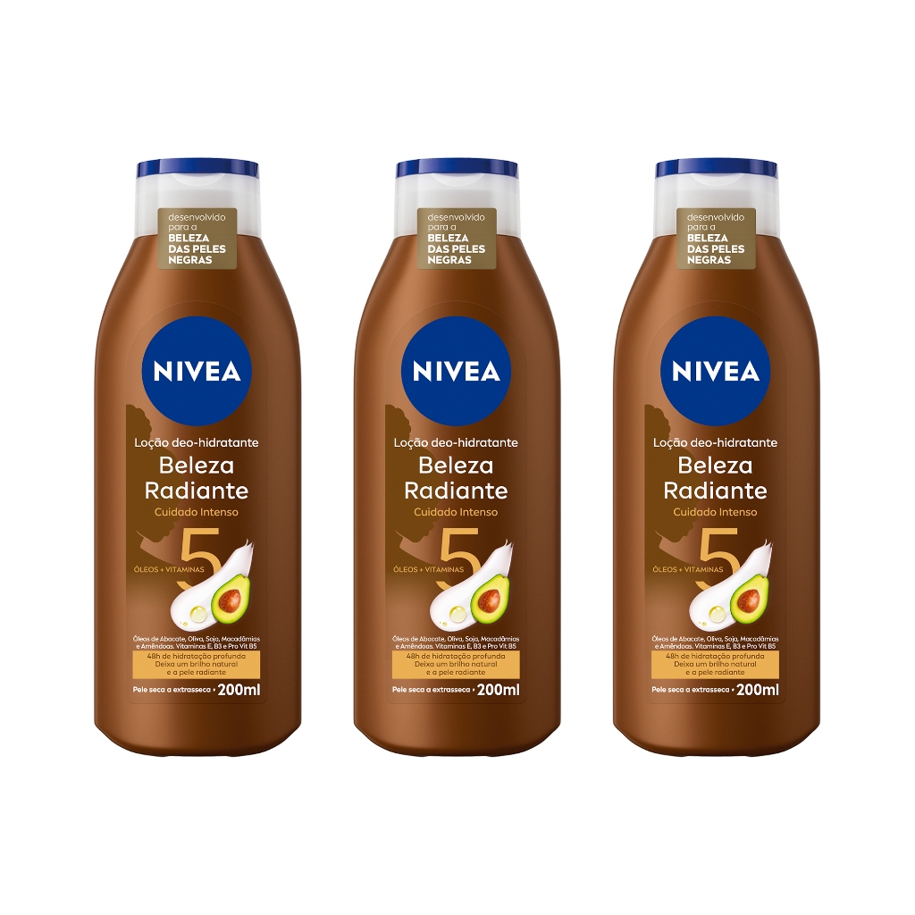 Kit NIVEA Hidratante Desodorante Corporal Beleza Radiante Cuidado Intenso 200ml - 3 unidad...