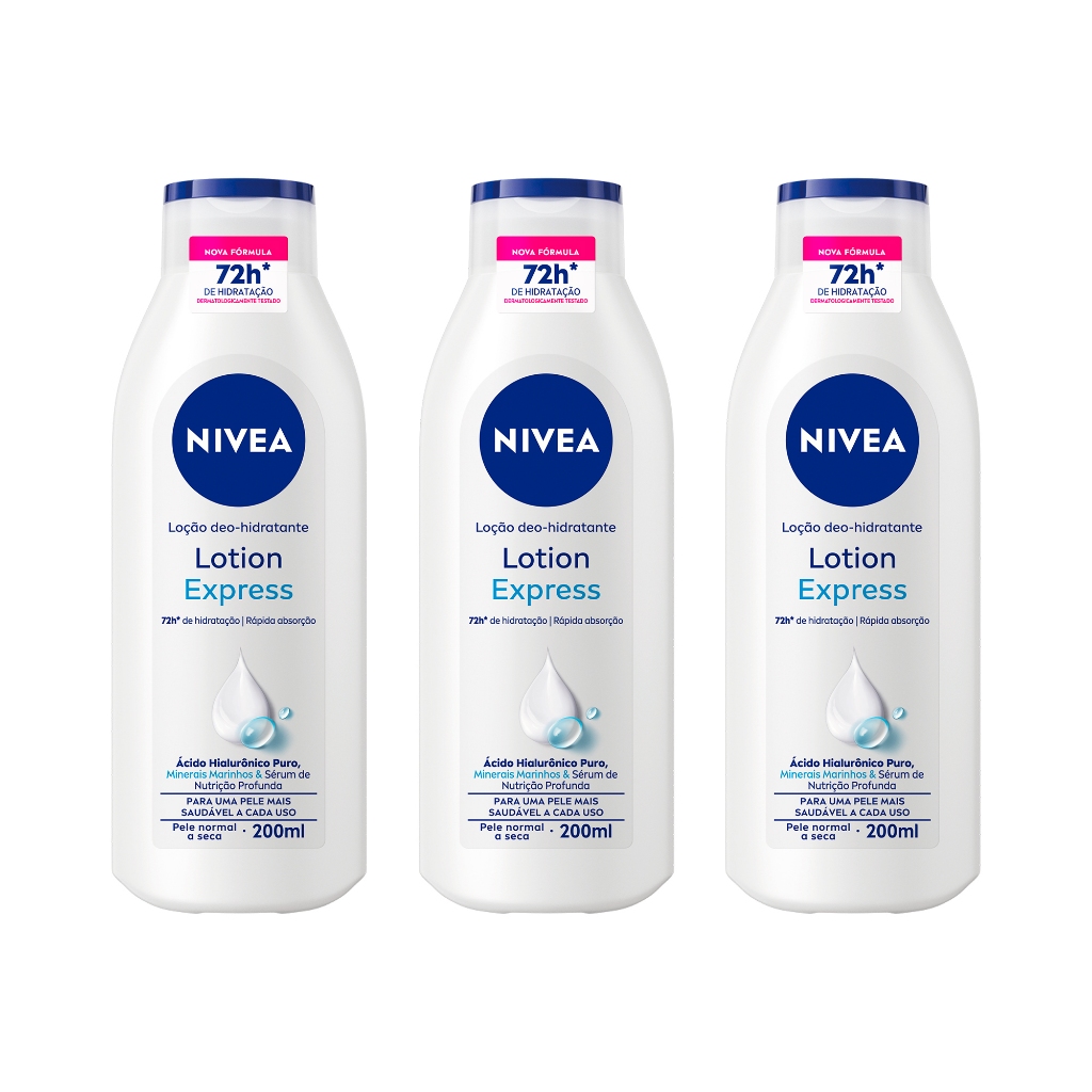 KIT NIVEA Loção Hidratante Lotion Express Pele Normal Seca 200ml - 3 Unidades