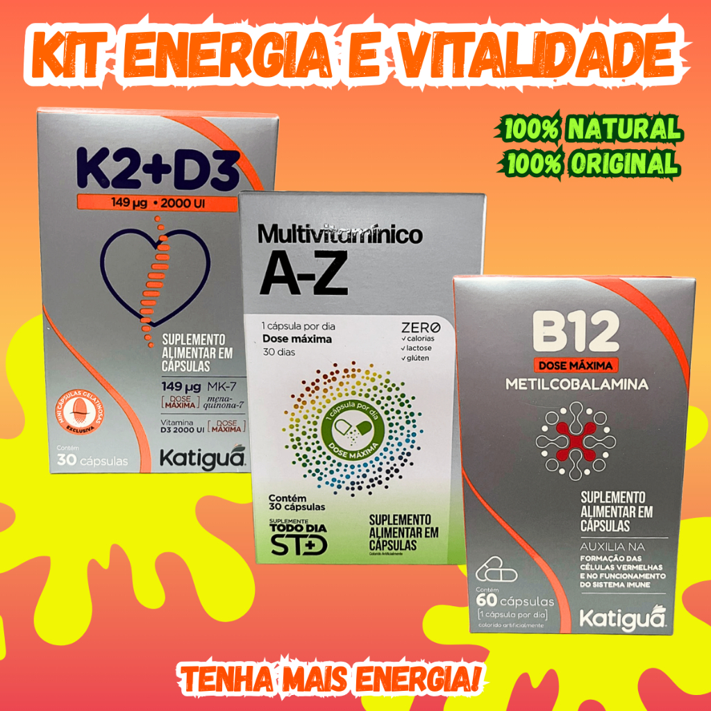 KIT ENERGIA E VITALIDADE - Multivitamínico A-Z + Vitamina B12 + Vitamina K2+D3 | Katiguá