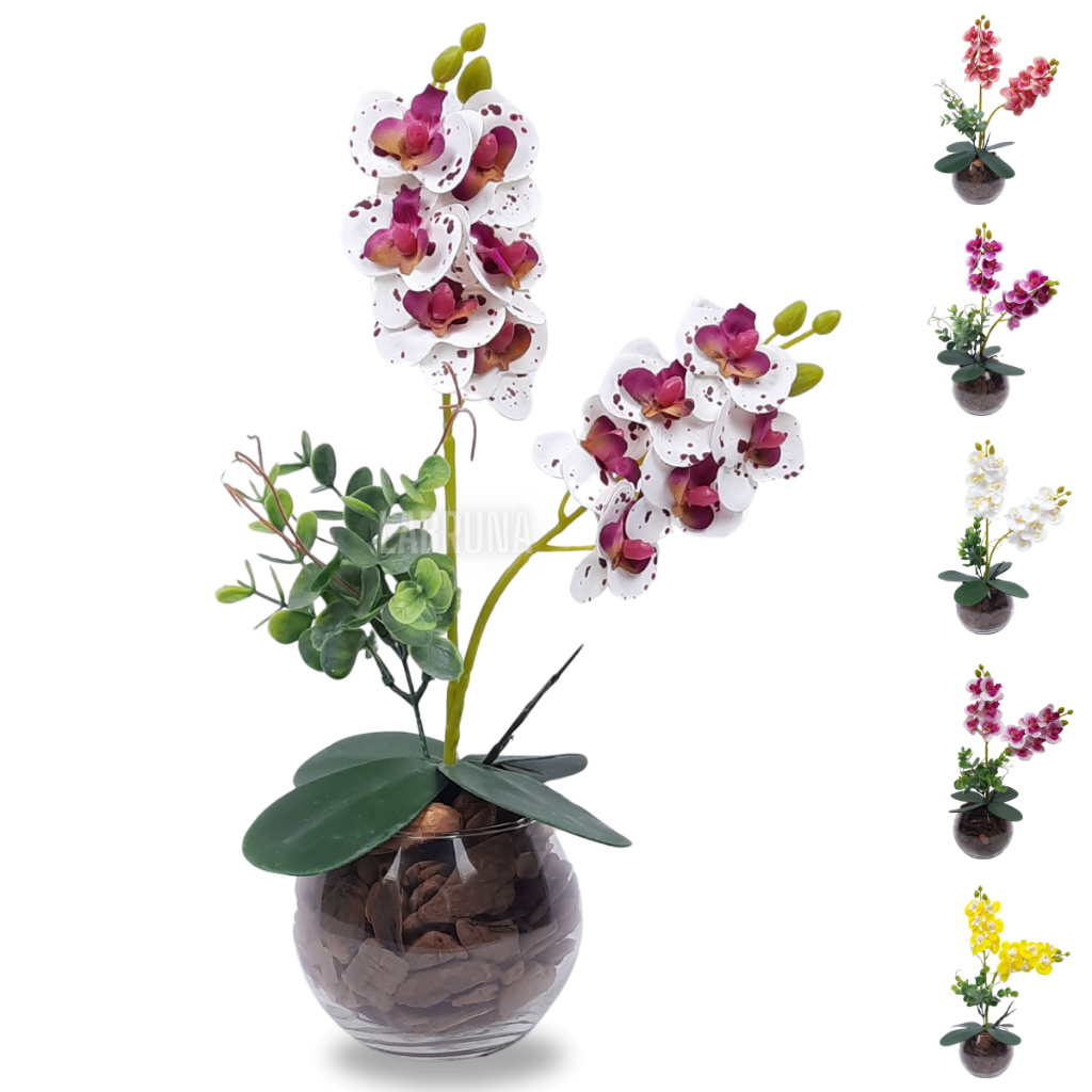 Arranjo Completo de Mini Orquidea de Silicone com Vaso e Cascas de Pinus Natural