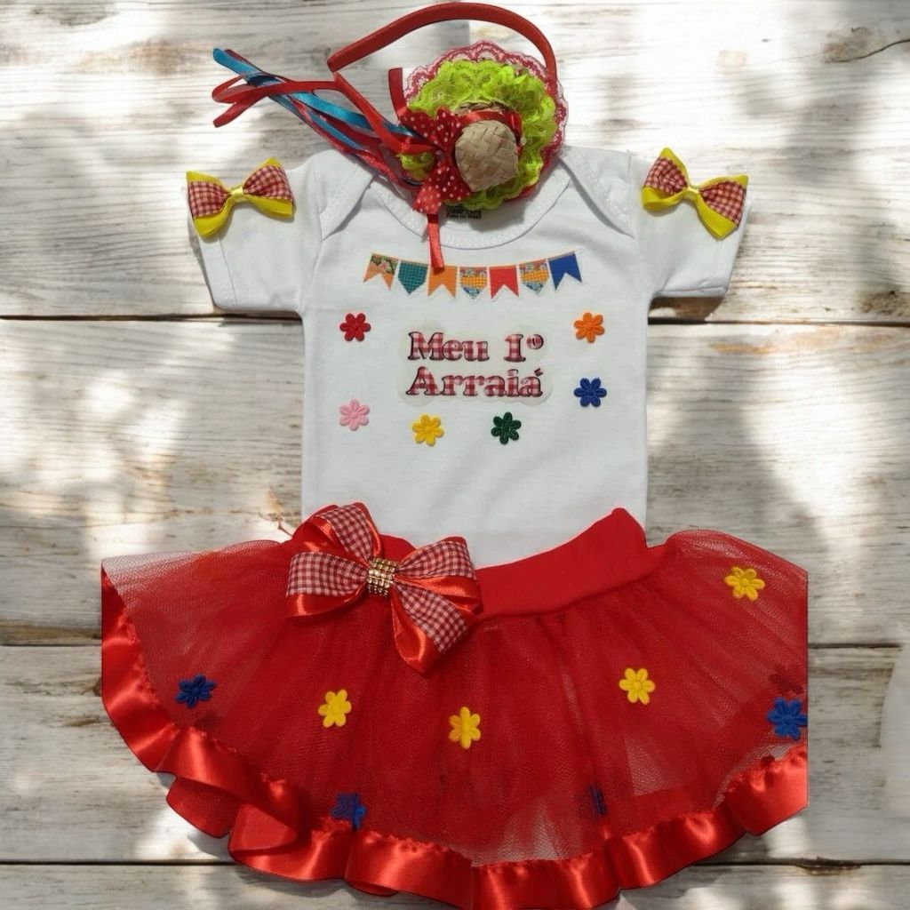Conjunto De Tutu Festa Junina Bebê Menina Saia, Body Temático e Tiara Meu Primeiro Arraiá Roupa Mesversário Junino