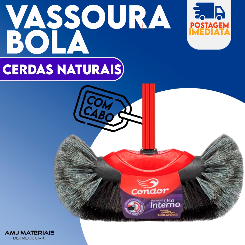 Vassoura Bola CONDOR PELO NATURAL Cerdas Crina Uso Interno Não Risca Chão Porcelanato Teto Com Cabo