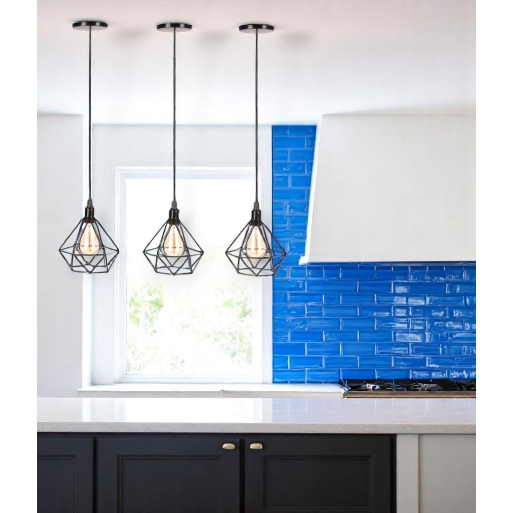 Lustre Luminária de Teto Pendente Aramado Diamante Kit 3 Unidades Retrô Industrial Cozinha Sala Ilha