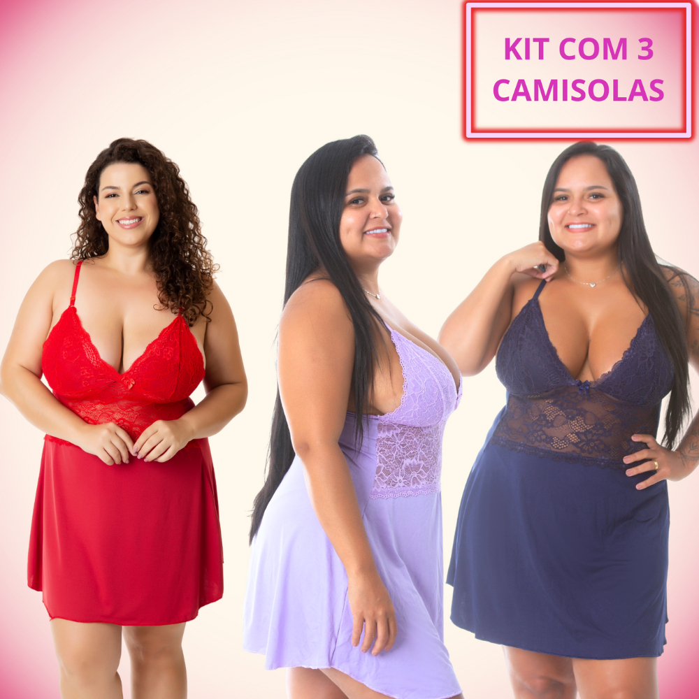 Kit 3 Camisola Plus Size Feminina Sexy Com Renda Sem Bojo Pijama Microfibra Vestido Dormir Linha Noite