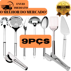 Kit 09 Utensilios Inox Pegador Macarrão Concha Escumadeira Trinchante Colher Espatula Pegador 20cm