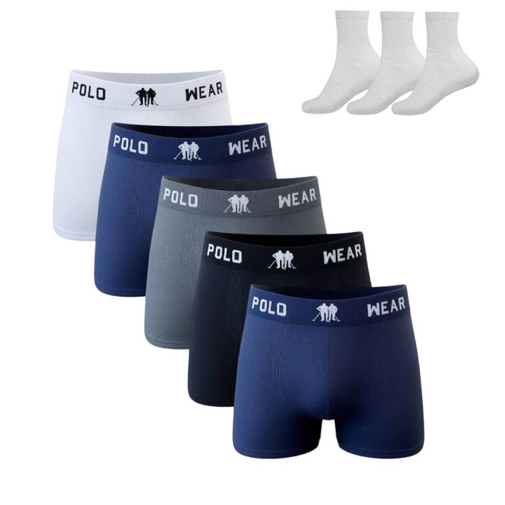 Kit 5 Cueca Boxer Polo Wear Microfibra Sortido + 3 Meias M15
