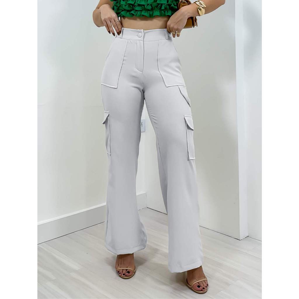 Calça Cargo Alfaiataria Feminina Com Bolsos Wide Leg Pantalona Social