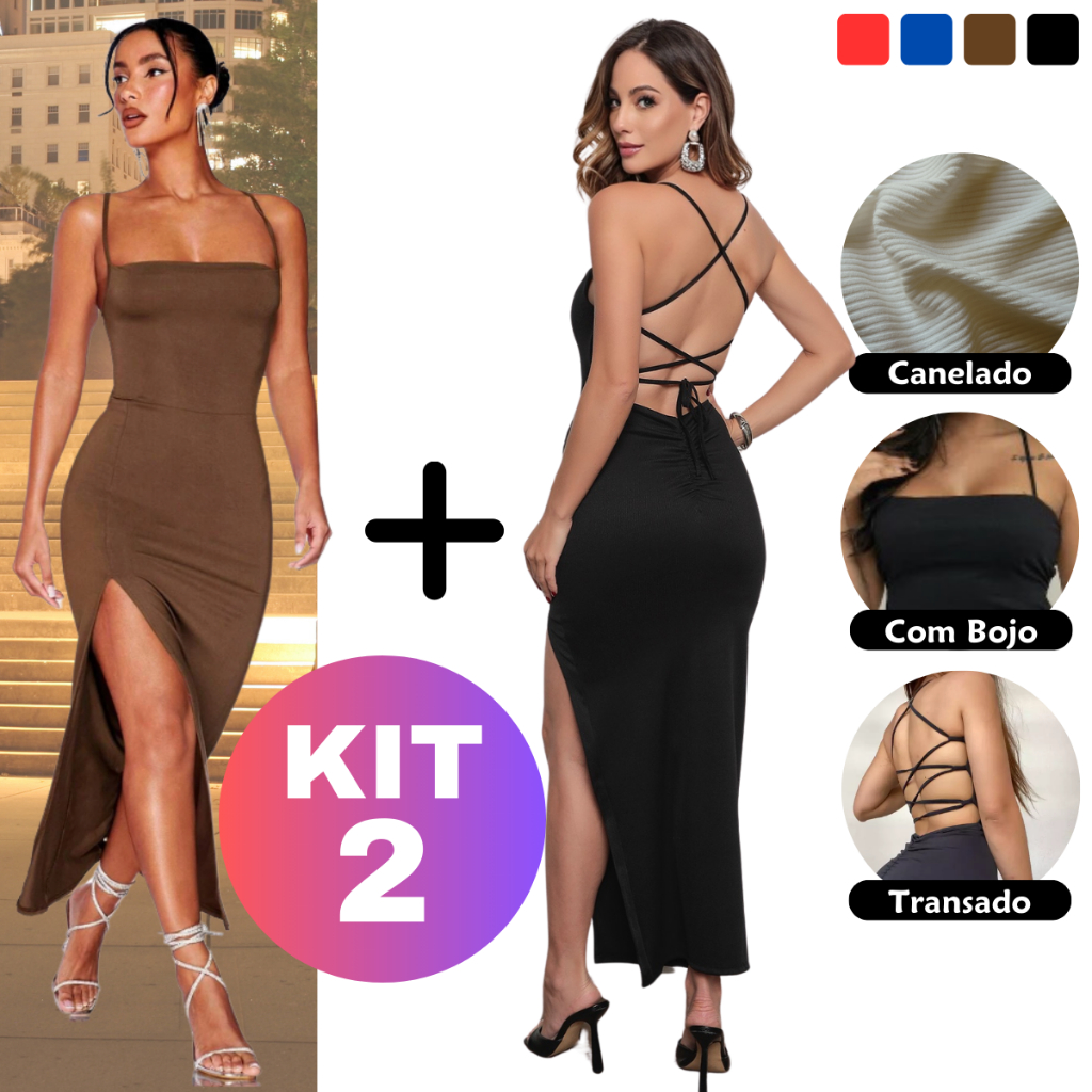 KIT 2  Vestido LONGO elegante com costas nuas trançadas Fenda Lateral Empina Bumbum Colado Novo
