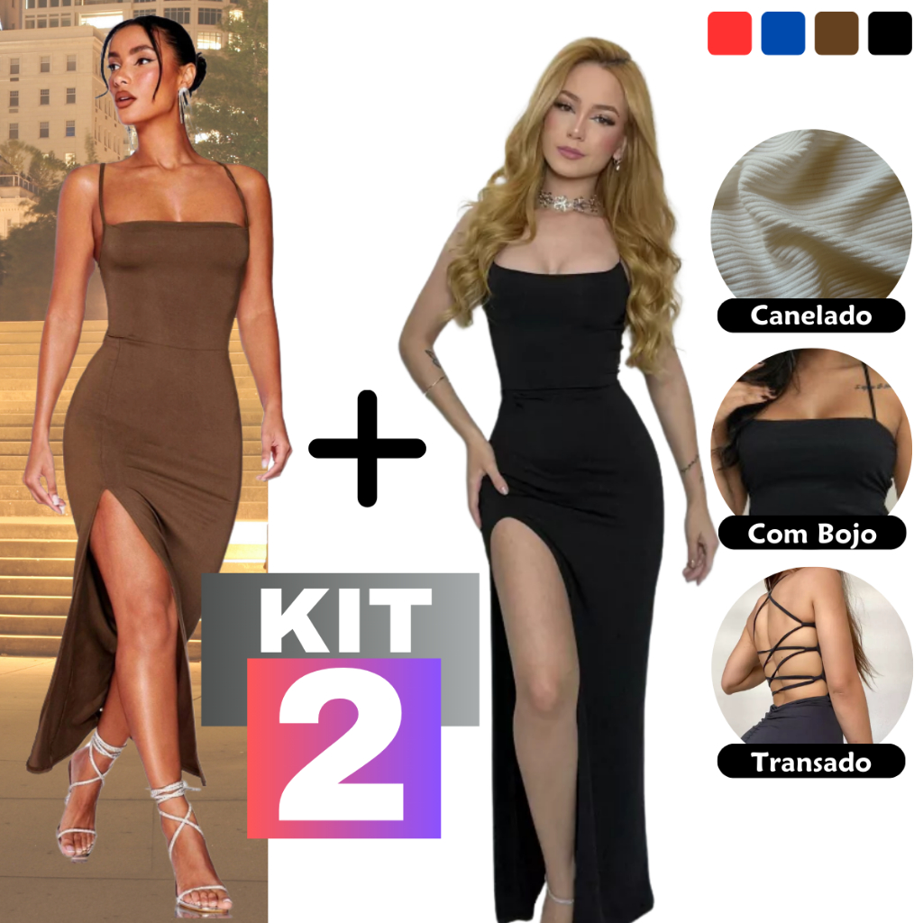KIT 2 Vestido LONGO elegante com costas nuas trançadas Fenda Lateral Empina Bumbum Colado Novo
