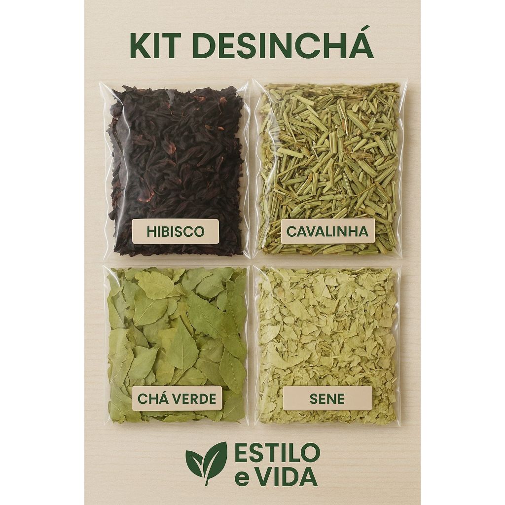 Kit Desinchá - 4 Ervas Naturais  ( Hibisco, Cavalinha, Chá verde e sene ) 100g Cada.
