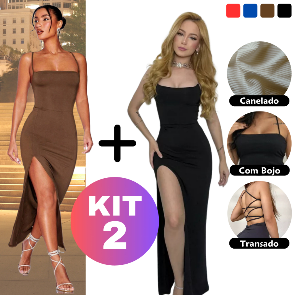 KIT 2 Vestido LONGO elegante com costas nuas trançadas Fenda Lateral Empina Bumbum Colado Novo