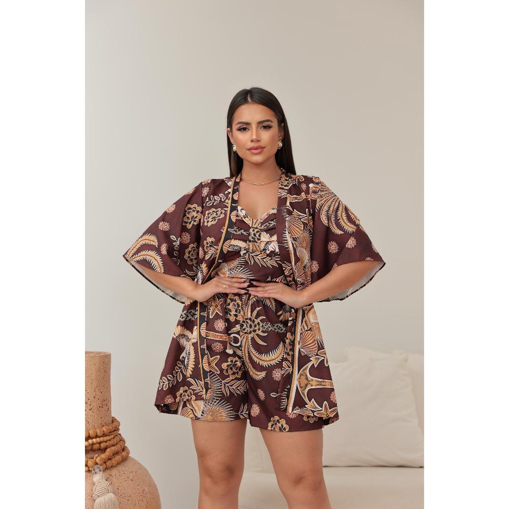 Conjunto 3 Peças Kimono, Cropped e Short Estampado