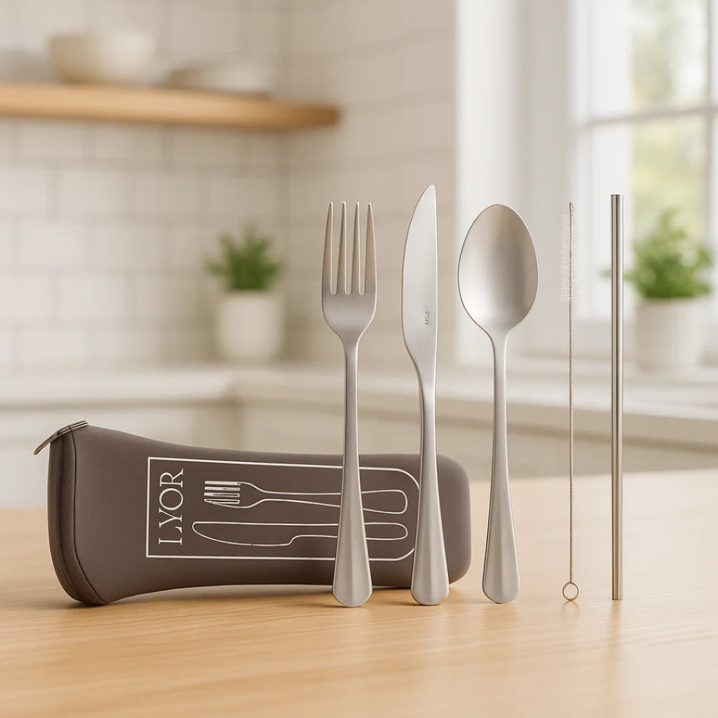 Kit Estojo + 3 Talheres + Canudo e Escovinha em Aço Inox -  Lyor