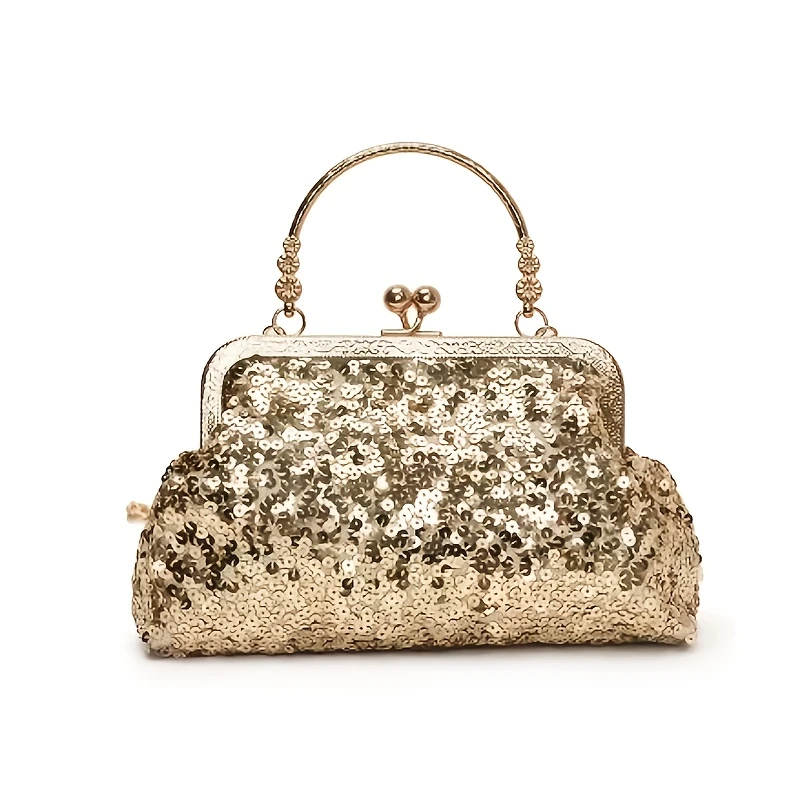 Clutch de Festa com Lantejoulas Douradas - Bolsa de Mão Luxuosa em PU com Alça de Corrrente