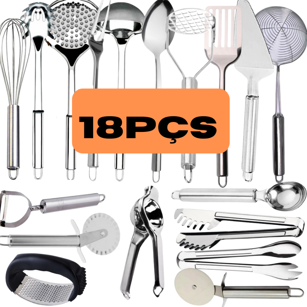 Kit Jogo 18 Talheres Utensílios De Aço 100% Inox Original Multiuso Para Sua Cozinha em Oferta na Shopee