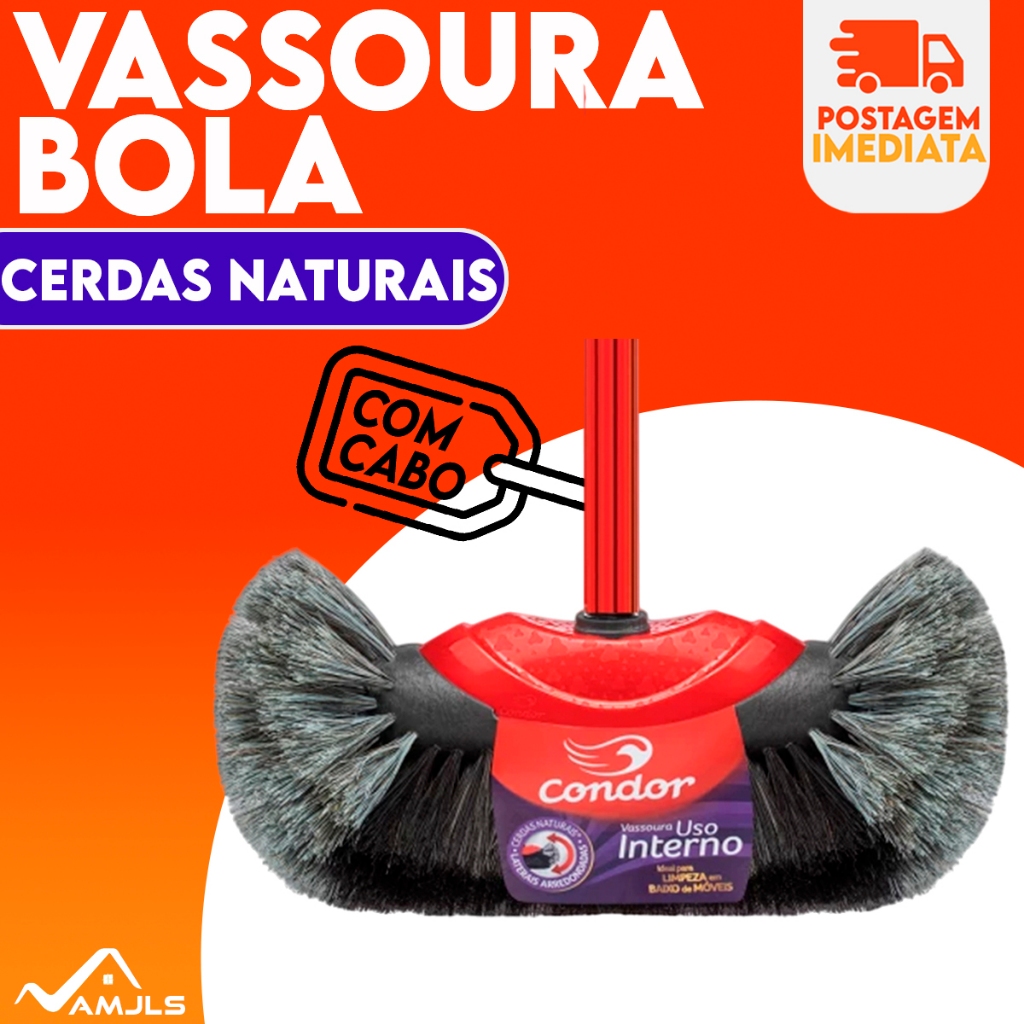 Vassoura Bola CONDOR PELO NATURAL Cerdas Crina Uso Interno Não Risca Chão Porcelanato Teto Com Cabo