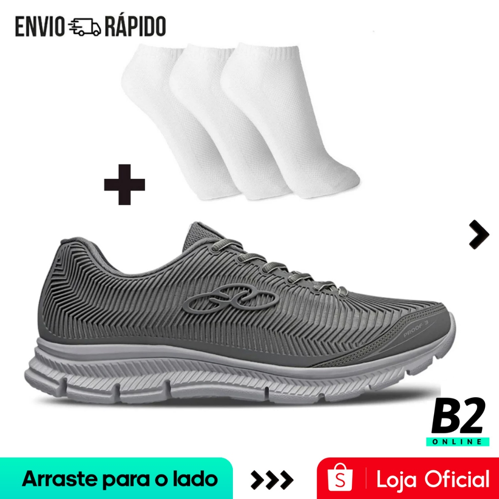 Tênis Olympikus Proof 3 Masculino Cinza + 3 Pares de Meias Original Com Nota Fiscal e Garantia - Men Shoes