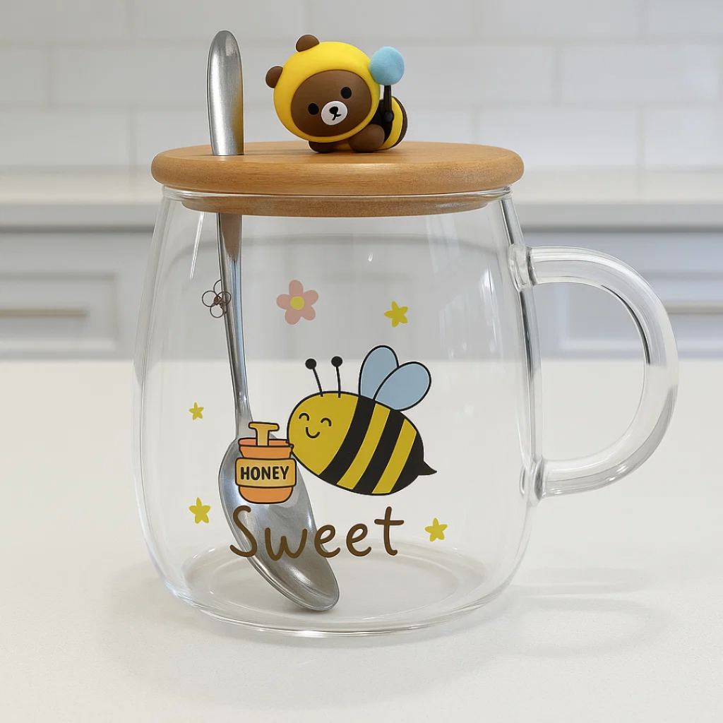 Caneca de Vidro Bambu Abelhinha C/Colher 400ml Sortido - Vencedor