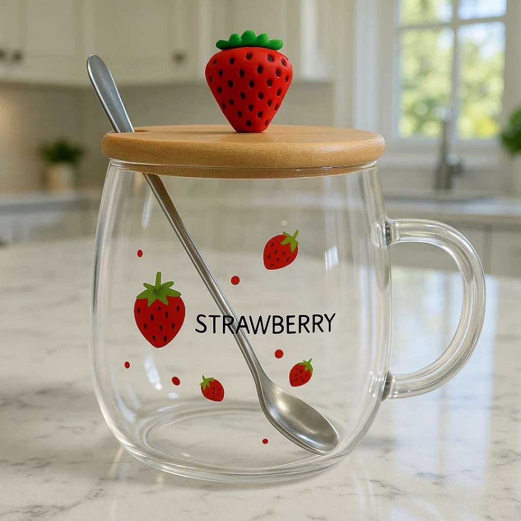 Caneca de Vidro Bambu Morango C/Colher 400ml - Vencedor
