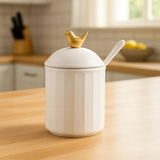 Açucareiro Cerâmica Colibri C/ Colher Branco 10,5cm - Wolff