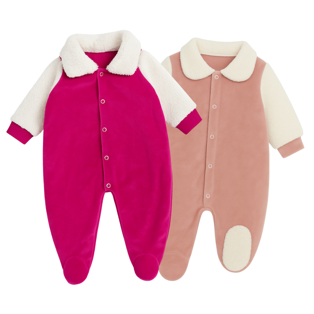 Kit 2 Macacão Plush Com Pele de Carneiro Para Bebê Inverno Menina