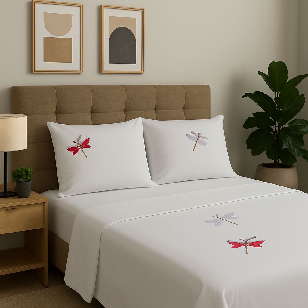Jogo De Lençol Casal Bordado Libélulas C/ 04 Peças Jogo de Cama Casal Borboleta