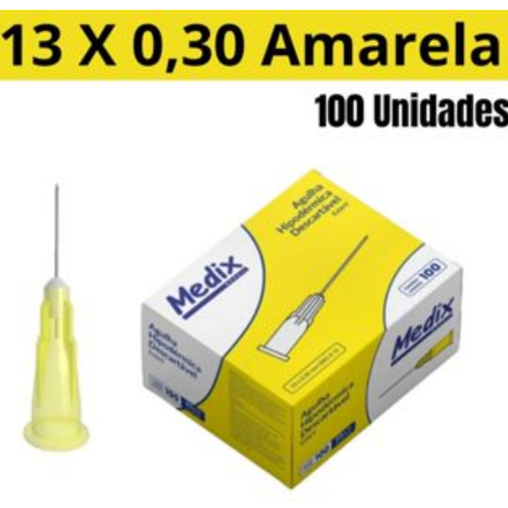 Agulha Hipodérmica Amarela 13×0,30mm (30GX1/2) 100 un - Medix em Oferta na Shopee