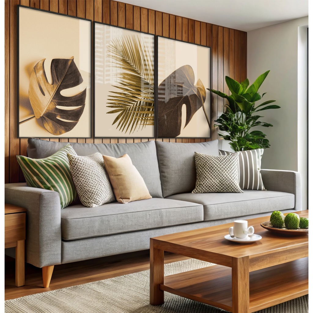 Quadro Folhagem Com Moldura Quadro Decorativo Sala Grande Quadro Quarto Folhas Tropicais Sépia Trio