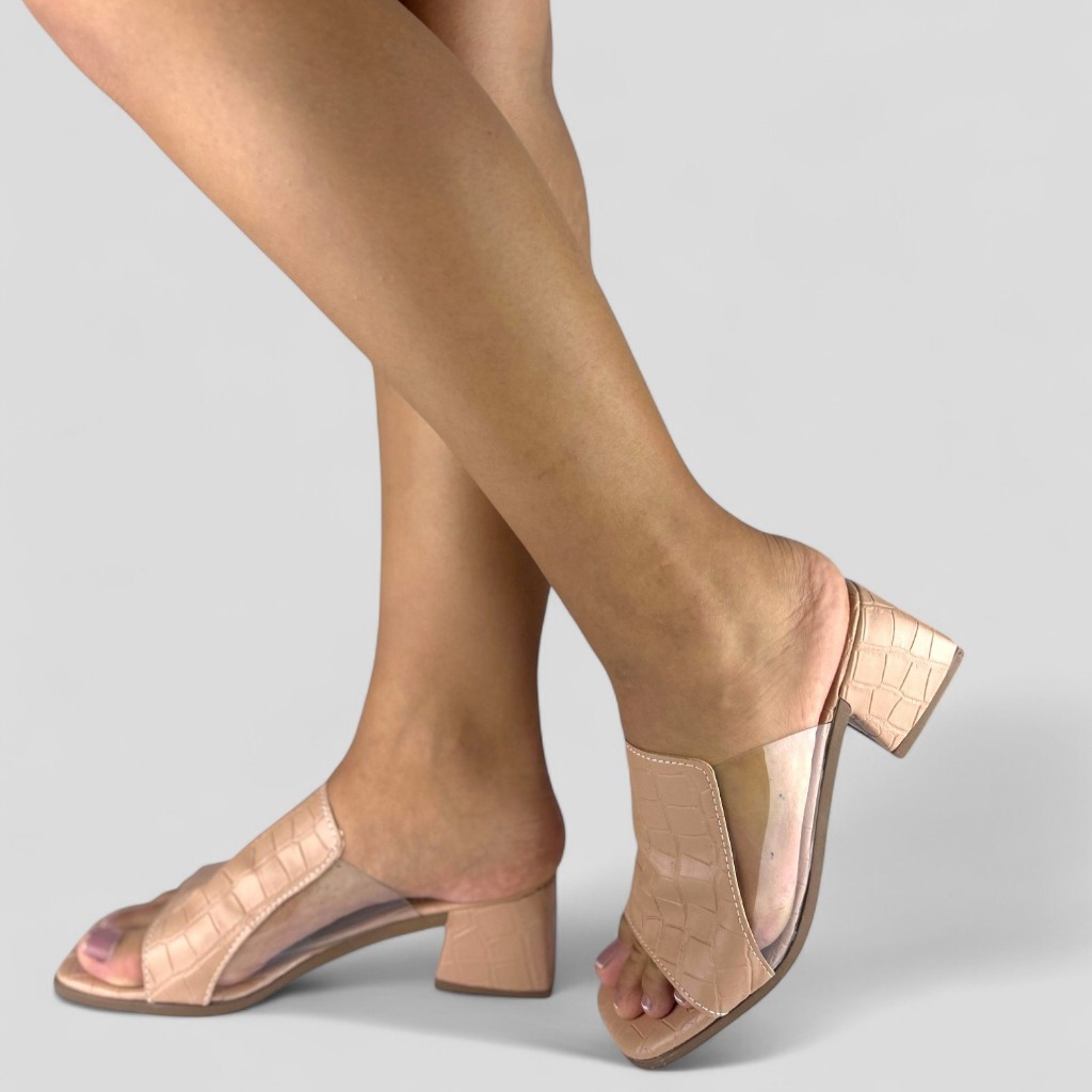 Sandália Feminina Salto Bloco 7CM Alto Bico Quadrado Croco com Vinil Transparente Confortável Elegante Casual Atual