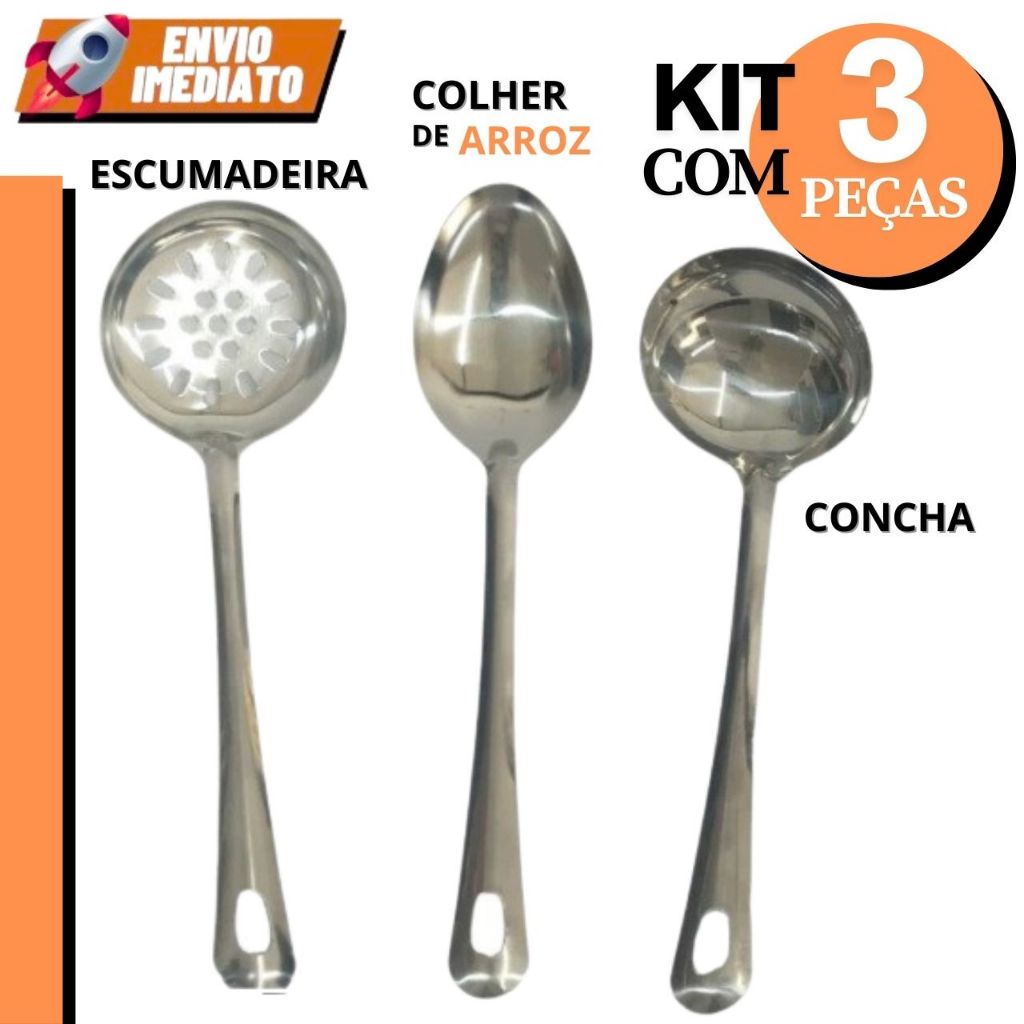Kit Colher Arroz Escumadeira Concha INOX 3 peças para Cozinha Restaurante Casa em Oferta na Shopee