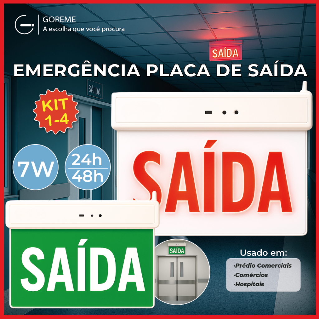 1-4 Placa Sinalizadora Dupla Saída Led 7W Vermelho ou Verde com Autonomia 5h 110V/220V em Oferta na Shopee