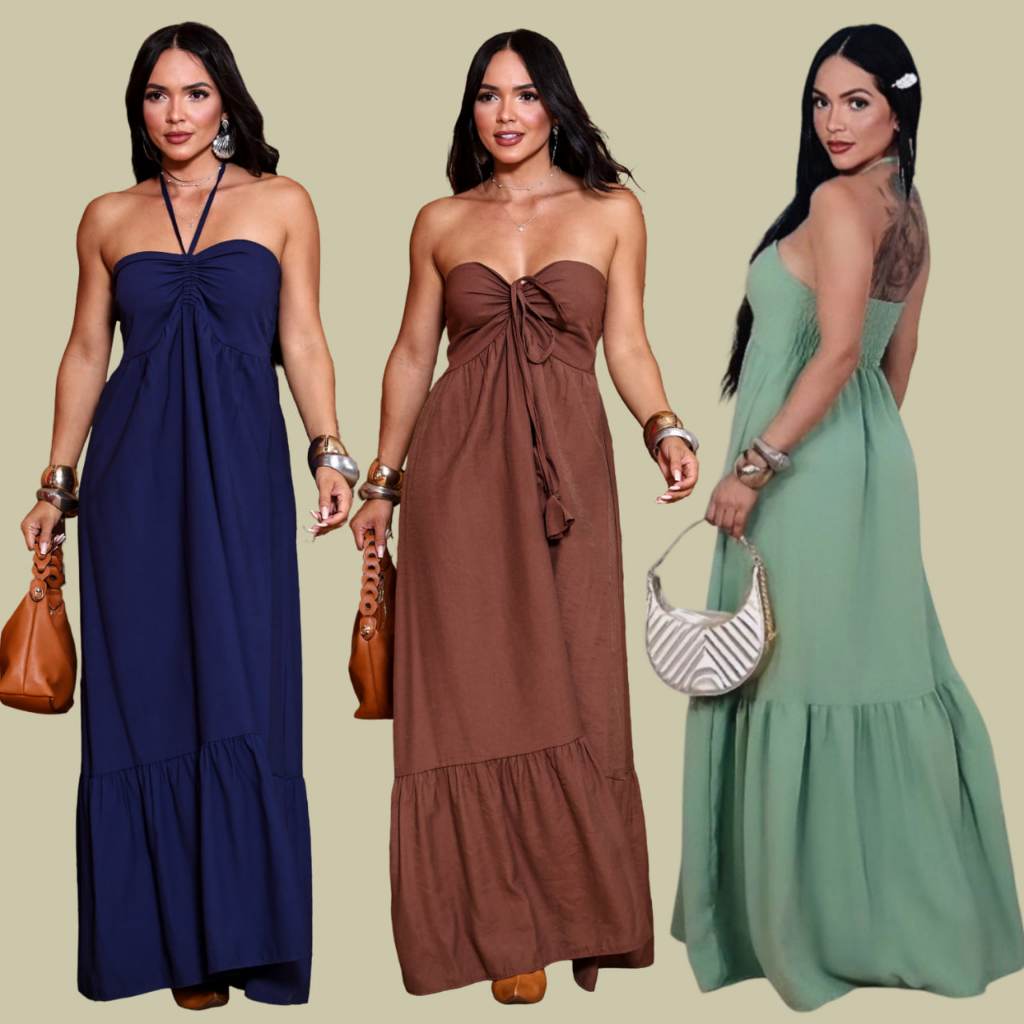 Vestido Feminino Longo Tomara que Caia com Amarração no Pescoço, Detalhe no Busto e Eláste...