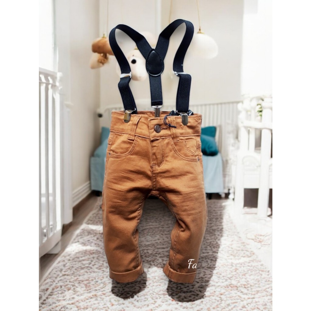 Roupa Infantil Bebê Calça Jeans Marrom Caramelo Menino com Suspensório