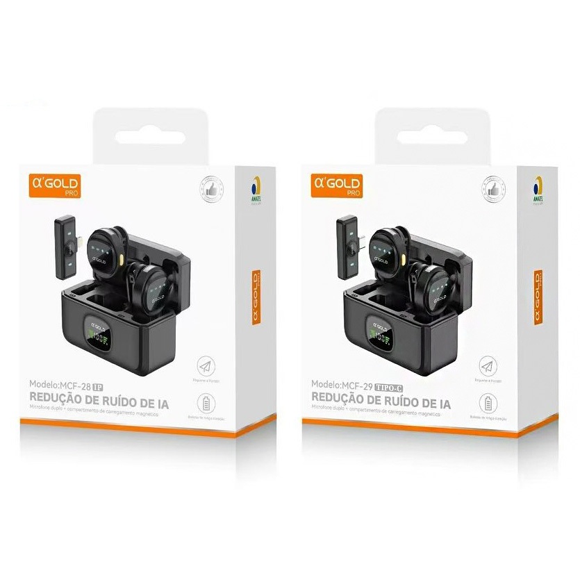 Kit com 2 Microfones de Lapela Sem Fio Lightning/Tipo-C MCF-28/29