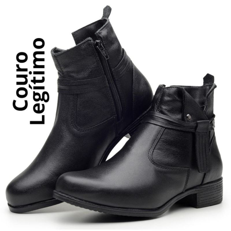 Bota Coturno Feminino Cano Baixo Couro Legítimo Zíper