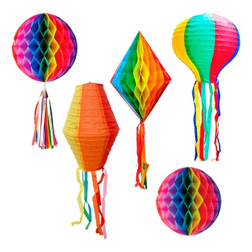 Kit 5 Enfeite Festa Junina Balão Papel Colorido 30cm e 40cm Franja Losango bola Decoração Arraia