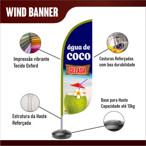 Wind Banner para Barraca de Água de Coco Somente Bandeira ou Kit completo com Haste, base, bandeira