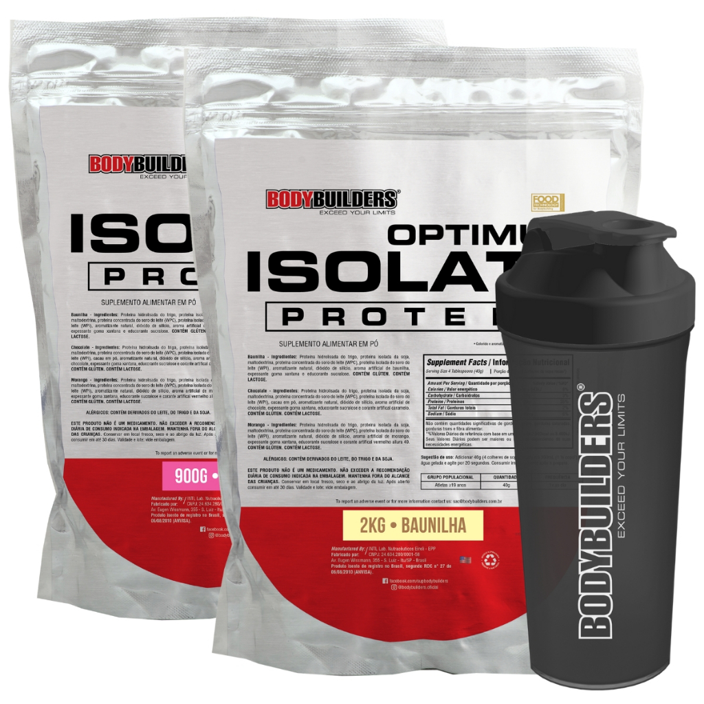 Kit Optimum Isolate 2kg + Optimum Isolate 900g + Coqueteleira - Massa Muscular Magra - Bodybuilders em Oferta na Shopee