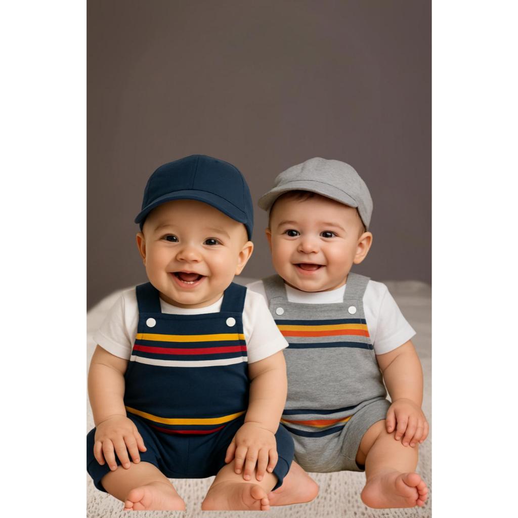 kit 2 conjuntos de macacão jardineira de bebê  menino com boné jardineira de menino