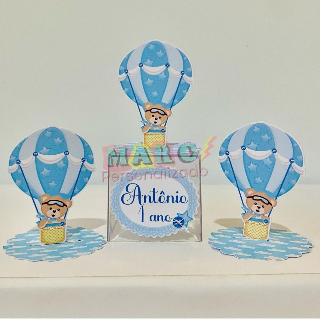Enfeite para Caixinha Acrílica ou latinha Aplique 3D 5x5 Baby Ursinho Baloeiro  (NOME ADESIVO + APLIQUE TEMA)