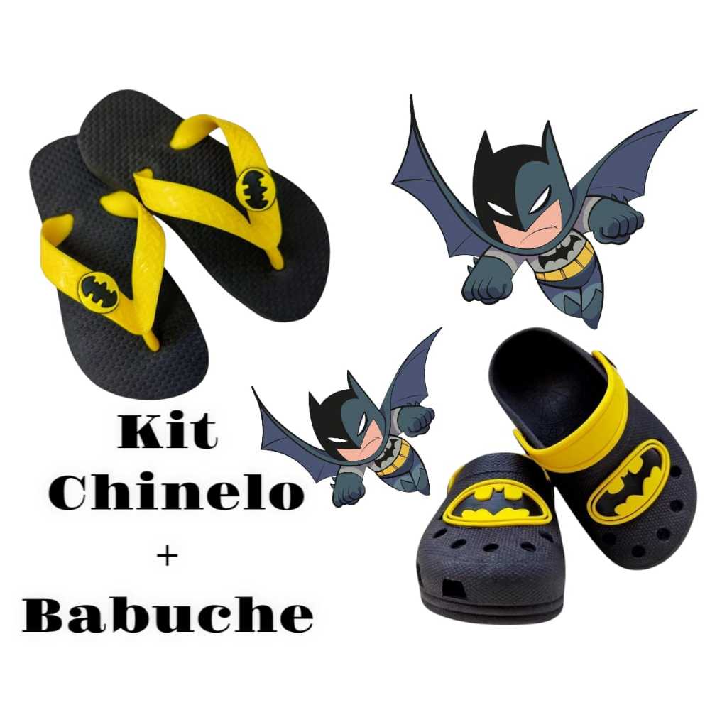 Kit 1 Par Babuche + 1 Par Chinelo Preto Amarelo do Batman Super Herói Desenho Baby Infantil Menino