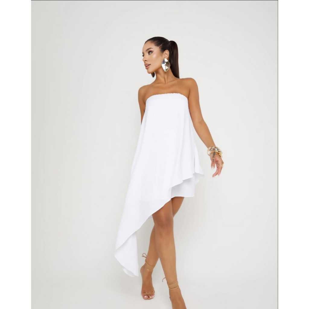 Vestido Tomara que Caia Assimétrico Off White/Branco Feminino Duna Casamento Civil em Oferta na Shopee