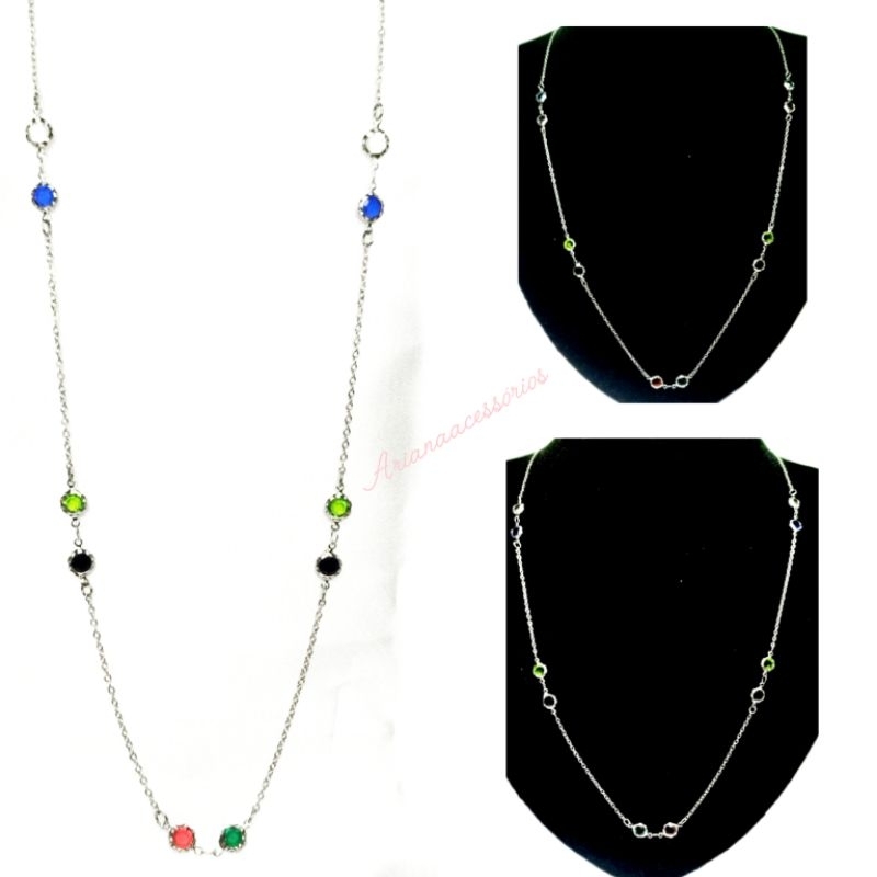 colar longo cristais zircônia aço inoxidável  316L RF 207 em Oferta na Shopee