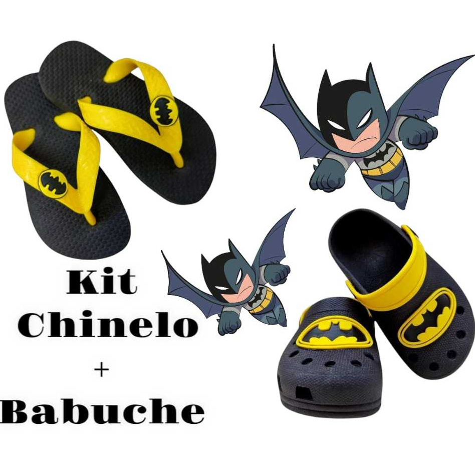 Kit 1 Par Babuche + 1 Par Chinelo e Preto Amarelo do Batman Super Herói Desenho Baby Infantil Menino