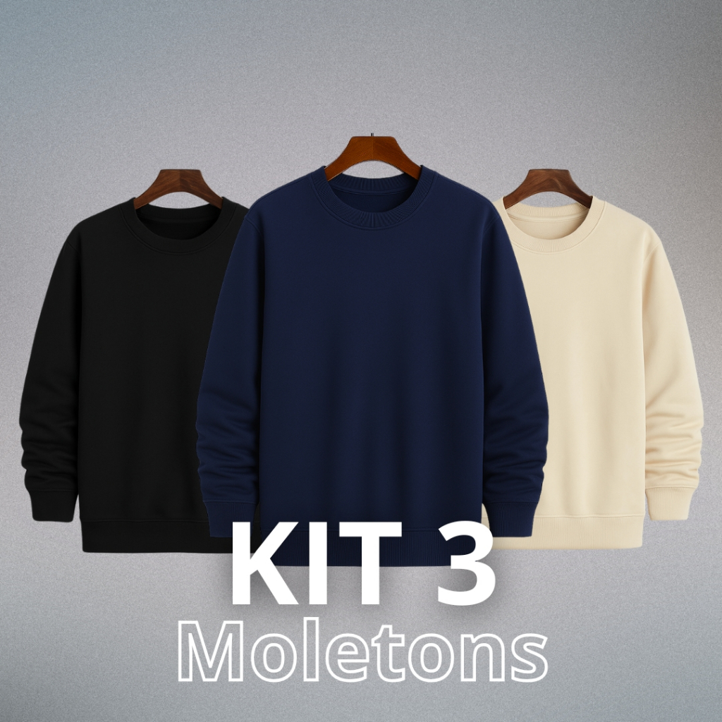 Kit 3 Moletom Careca Masculino gola Redonda Flanelado liso Sem Capuz Atacado Promoção