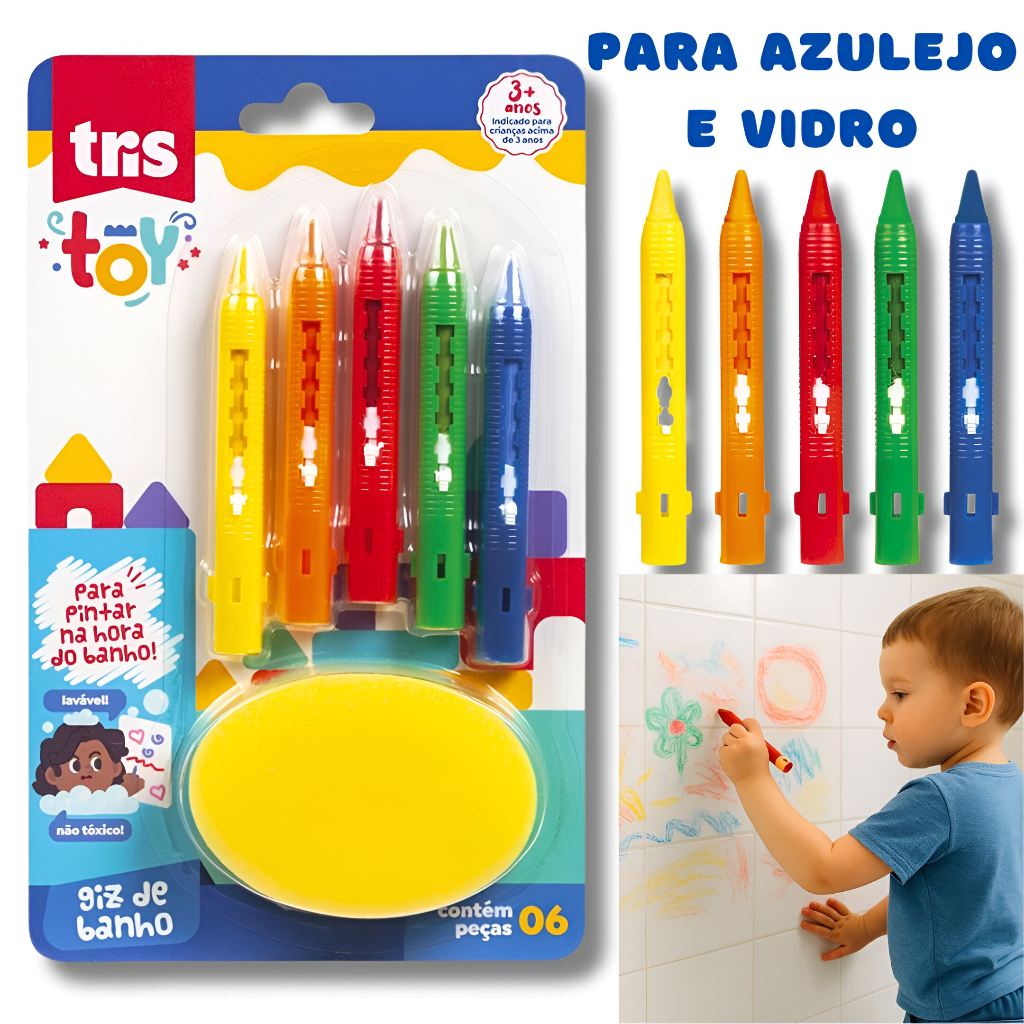 Giz de Banho Infantil Pinta Azulejo Vidro 5 Cores Coloridas+ Esponja Inclusa