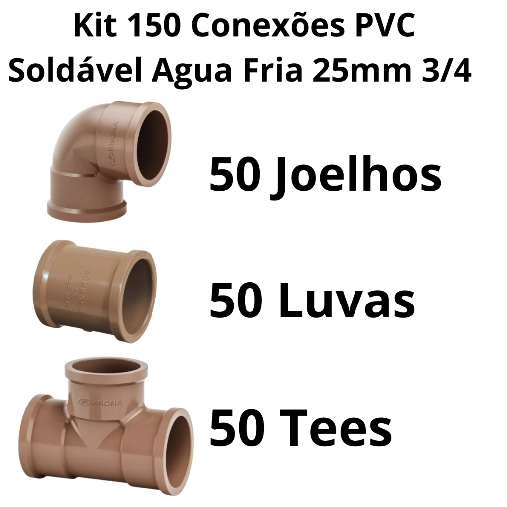 Kit 150 Conexões 25mm=3/4 Pvc Hidráulica Água Fria Alta Qualidade 50 Joelhos 50 Luvas 50 Tees