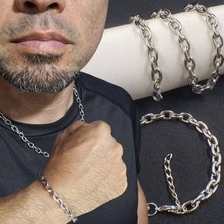 Corrente aço inoxidável e pulseira aço inoxidável masculina Conjunto elo Cadeado 6mm corrente aço inox Colar Masculino