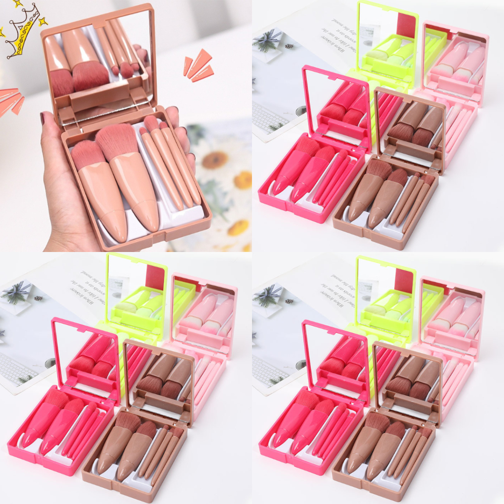 Kit 12 unidades/Mini Espelho De Maquiagem Portátil Com 5 Pcs Pincéis De Maquiagem Lupa Mão Segurar Bolso Dobrável